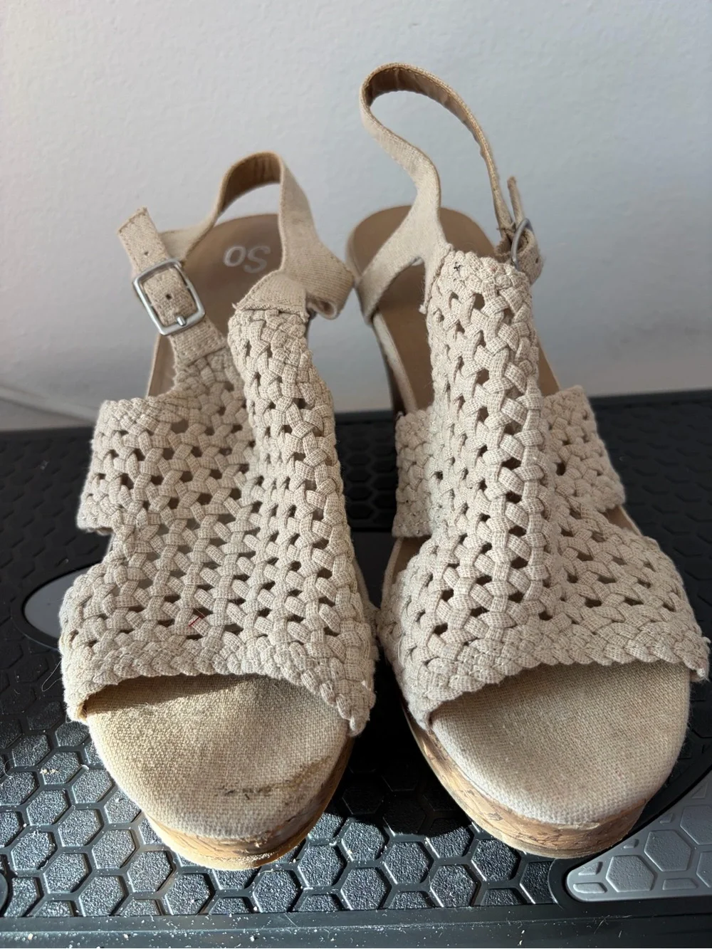 Beige Crochet Slip-On Sandals, Wedges